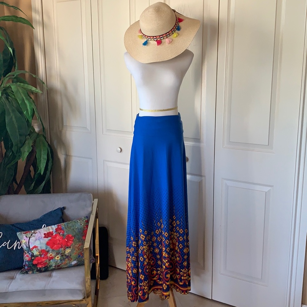 Lularoe maxi skirt. Blue, orange, yellow/red. XXS-small with lots of stretch!